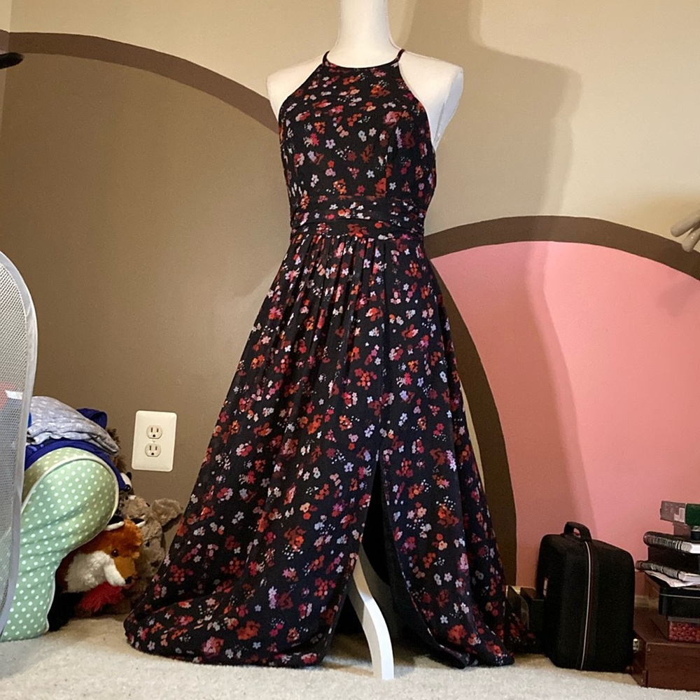 David's Bridal Black Floral Halter Maxi Dress